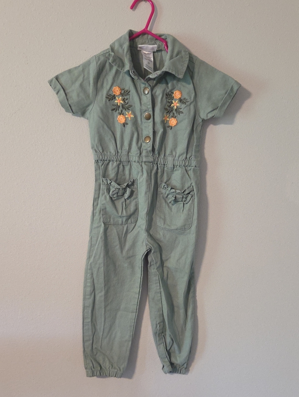 Little Lass Sage Green Short-Sleeve Floral Embroidered Jumpsuit